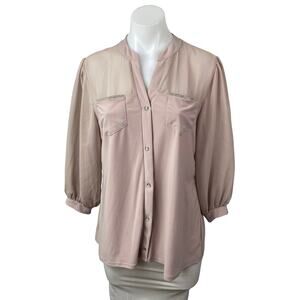 Adele & May Women's Pink Quarter Sleeve Pockets Button Down Blouse Shirt Top L